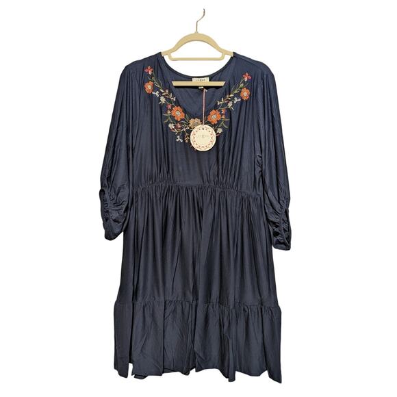 UMGEE Navy Floral Embroidered V-Neck Tiered Ruffle Boho Babydoll Dress Size S - Picture 7 of 10